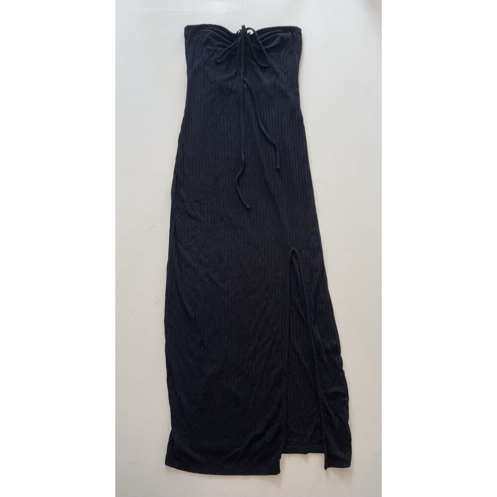 1.State Women Medium Black Halter Maxi Dress Strapless Ribbed Leg Slit Multiway - Picture 2 of 12